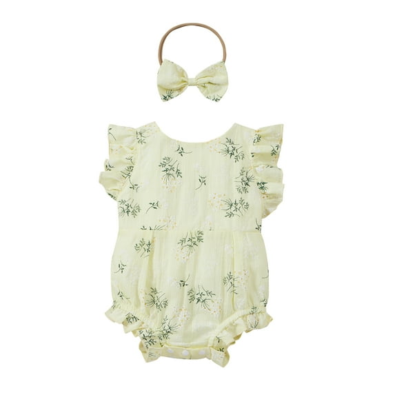 Seyurigaoka Baby Girl’s Floral Ruffles Stitching Fly Sleeve Romper and Headband
