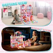 JoyStone Play Dollhouse with Doll Toy Figures, 14 Rooms Furniture and Colorful Lights, Creative Doll House Gift for Girls Ages 3+, Assemble Required, Pink