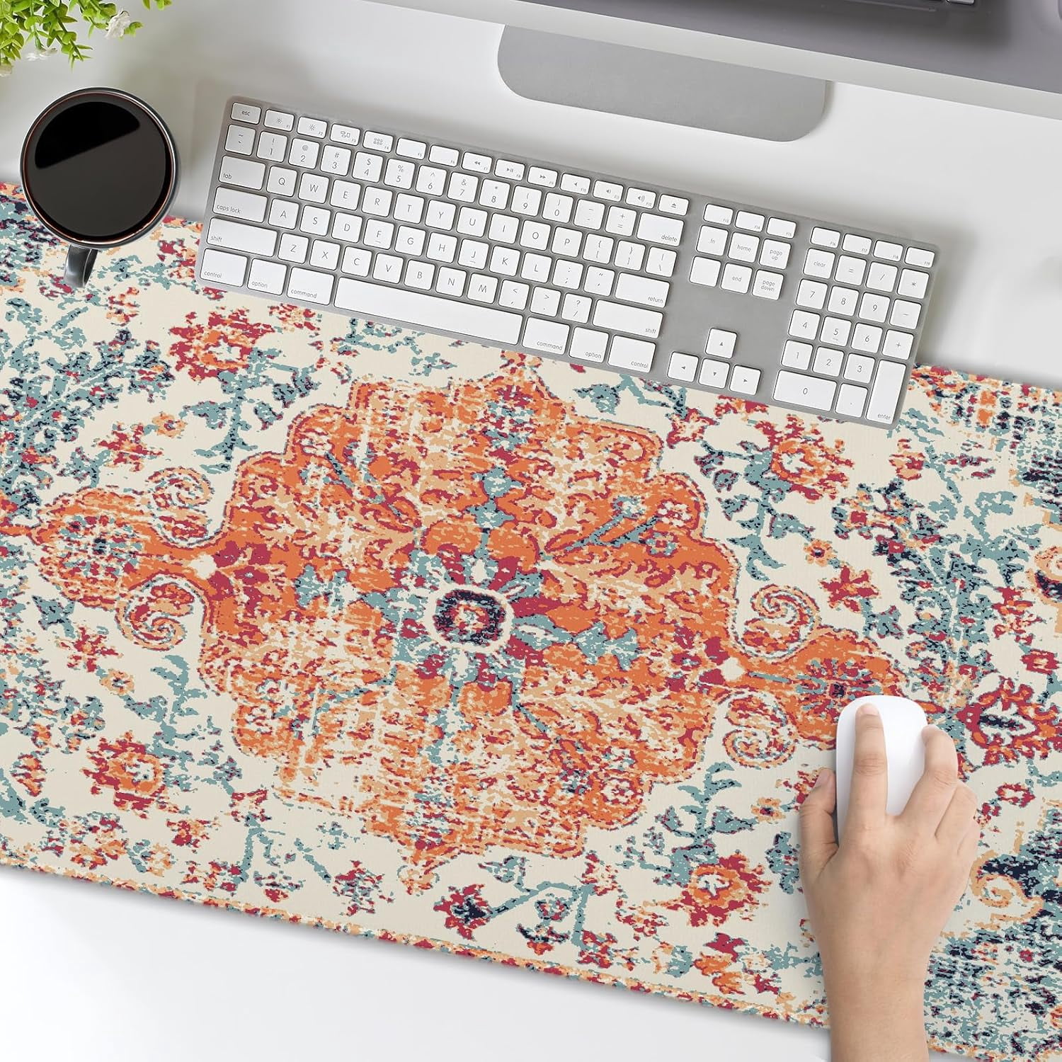 Orange Teal Boho Gaming Mouse Pad - XL Rug Carpet, Bohemian Retro Extended Large Desk Mat, Non-Slip Rubber Base, Stitched Edge, Long Desk Pad for Desktop Office PC Gamer, 31.5x11.8in