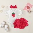 thumbnail image 2 of Xudanell Baby Girl Outfits Strawberry Embroidery Ribbed Romper Bow Ruffle Shorts Skirt Headband 3pcs Set Casual Baby Girl Summer Clothes Red 6-12 Months, 2 of 8