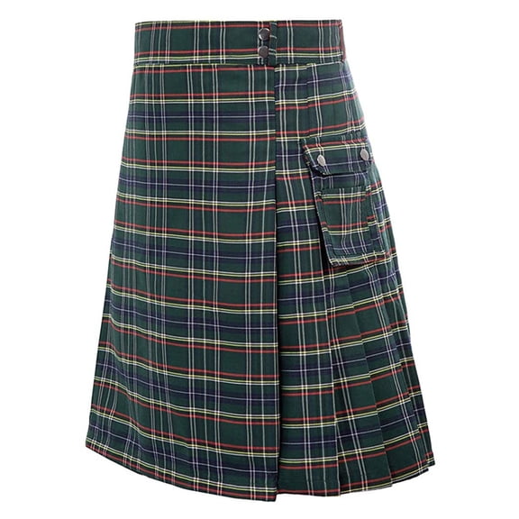 FASHOFT Scottish Plaid Pleated Skirt For Women Color Block Pocket Design Festival For Party And Daily Wear Midi Skirt Dark Green