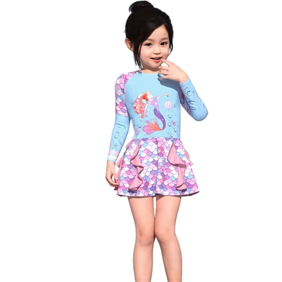 lnmuld Toddler & Kids Girls UPF 50 Long Sleeve Sun Rash Guard - Scale Design Swimwear Color:Light Blue,Size:9-10 Years