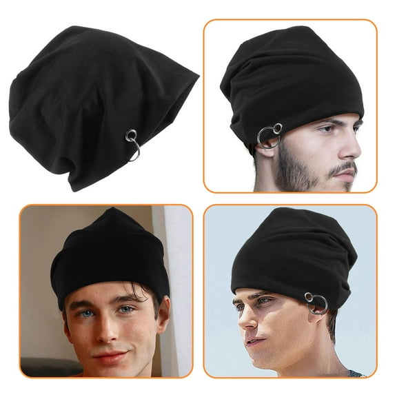 OULII Men Beanie Cap Black Polyester with Unique Iron Ring for Warmth and Comfort