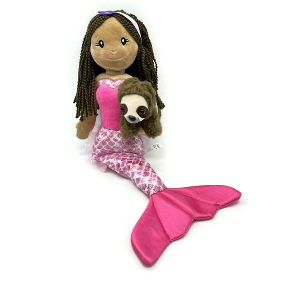 The Petting Zoo Mermaid Doll with Sloth Plush Toy, Gifts for Girls, Plush Mermaid Doll with Sloth Stuffed Animal, 16in Dark Skinned