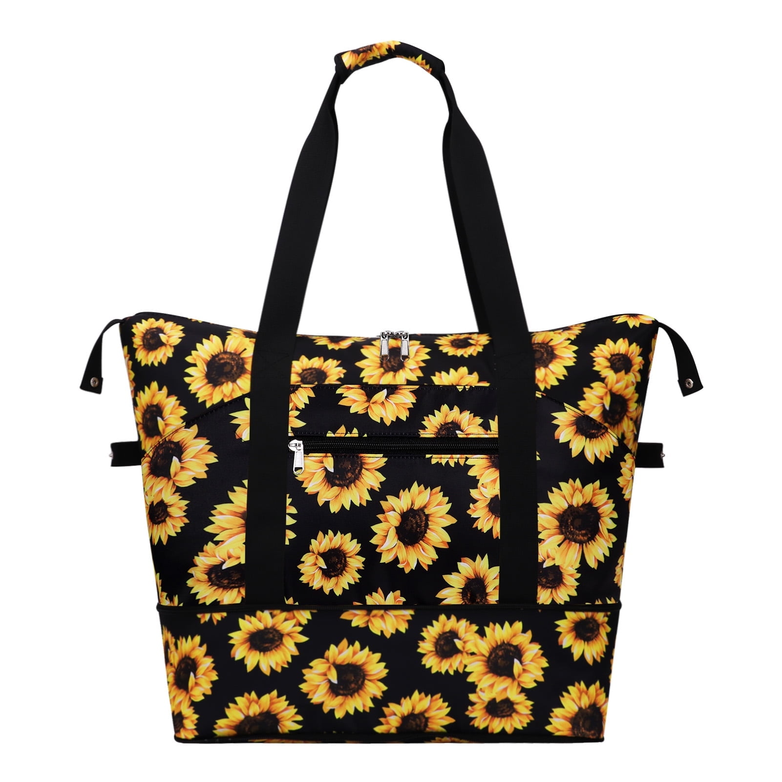 HAWEE Expandable Duffel Bag for Women with Trolley Sleeve and Wet Pocket Water Repellent Weekender Travel Tote Large Capacity Carry On Overnight Luggage for Gym/ Trip/ Camping/ Beach, Sunflower