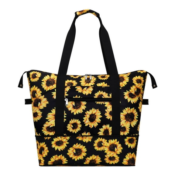 HAWEE Expandable Duffel Bag for Women with Trolley Sleeve and Wet Pocket Water Repellent Weekender Travel Tote Large Capacity Carry On Overnight Luggage for Gym/ Trip/ Camping/ Beach, Sunflower