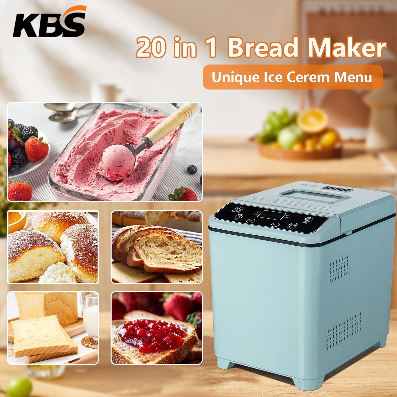 KBS  Bread Maker Machine with Ice cream program,20-in-1 2LB Fully automatic bread machine，DIY setting,15 Hour delay timer,Green Model#070 Ice cream version