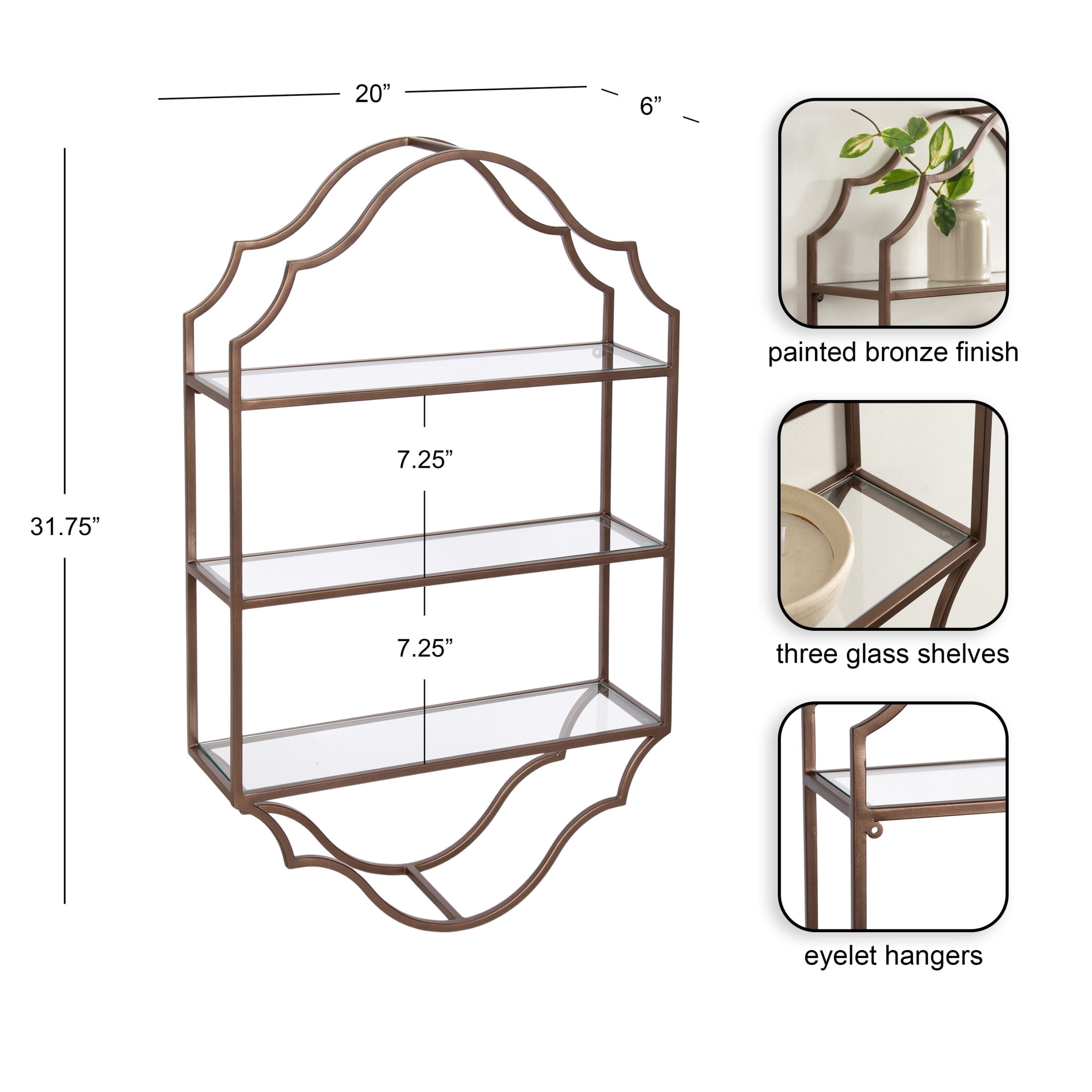 Kate and Laurel Leanna Scalloped Three-Tiered Wall Shelf, 20 x 6 x 32, Bronze, Decorative Floating Shelf Storage and Wall Organizer for Bathroom Over Toilet Storage or Display