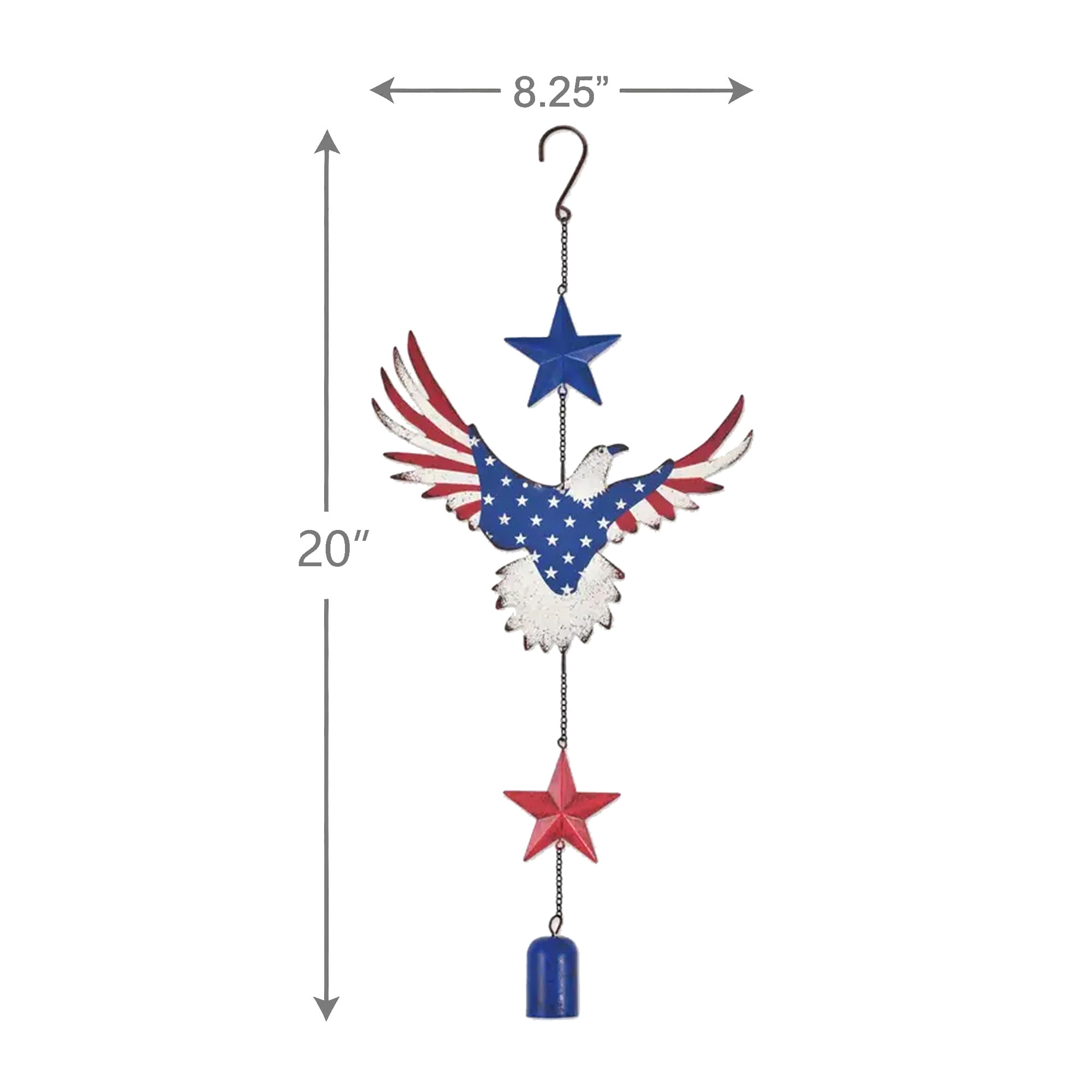 Abble 20 Inch Patriotic Eagle Wind Chime, Rustic Metal American Flag Eagle Hanging Bell Wind Chime with Red Blue Star Ornaments, Weatherproof Outdoor Indoor Patriotic Decor for Porch Garden Yard
