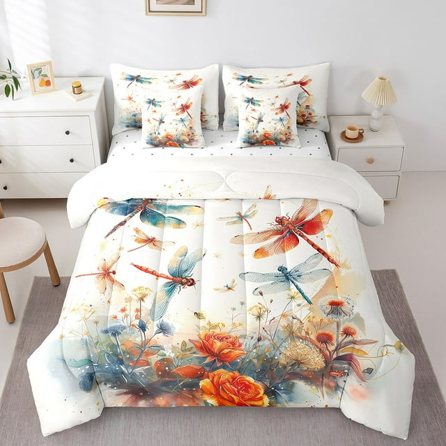 YST Courtepointe Libellule avec Drap Plat et Drap-Housse Pissenlit Botanique Floral Ensemble de Literie 7 Pcs Simple Romantique Roses Fleurs Lit en Sac pour Enfants Garçons Filles Esthétique Rustique Ensemble de Literie Animal