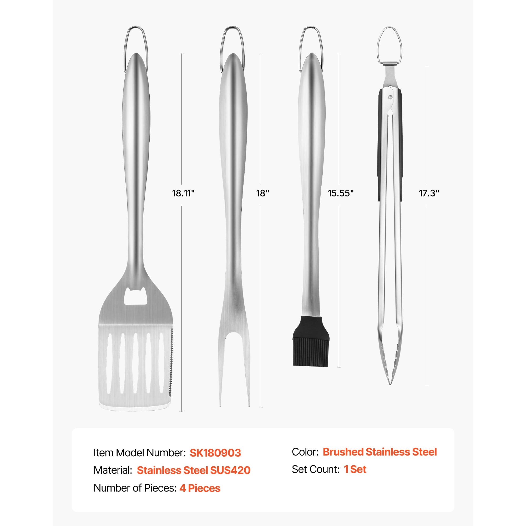 KFFKFF 4-Piece BBQ Grill Tool Set, Durable Stainless Steel Grilling Utensils with Tongs, Spatula, Fork, and Brush, Ideal for Outdoor Cooking and Gifting
