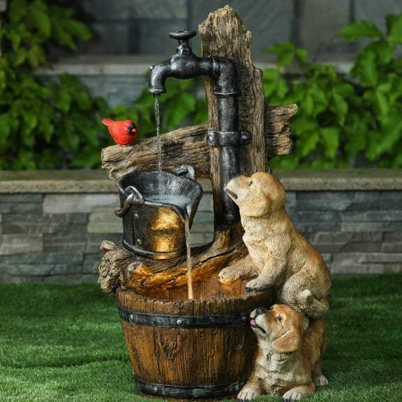 LuxenHome 25" Garden Water Fountain, Whimsical Puppy Dog Resin Water Fountain Outdoor with LED Lights