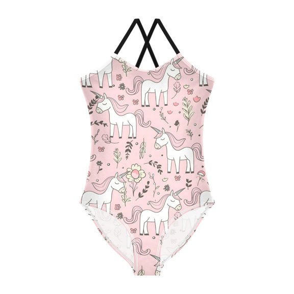 Spaghetti Strap Line Unicorn One Piece Swimsuit Stretch Beach Sport Bathing Suit Size 3T-10T