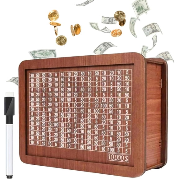 Wooden 10,000 Dollar Savings Box, Portable Cash Vault Piggy Bank for Adults Kids, Desktop Money Storage Gift