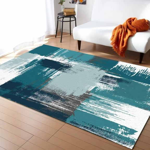 Area Rug 4'x6' Abstract Geometric Blue Oil Painting Washable Area Rugs Non Shedding Floor Carpet Rubber Backing Non-Slip Indoor Mats for Living Room Bedroom Kitchen