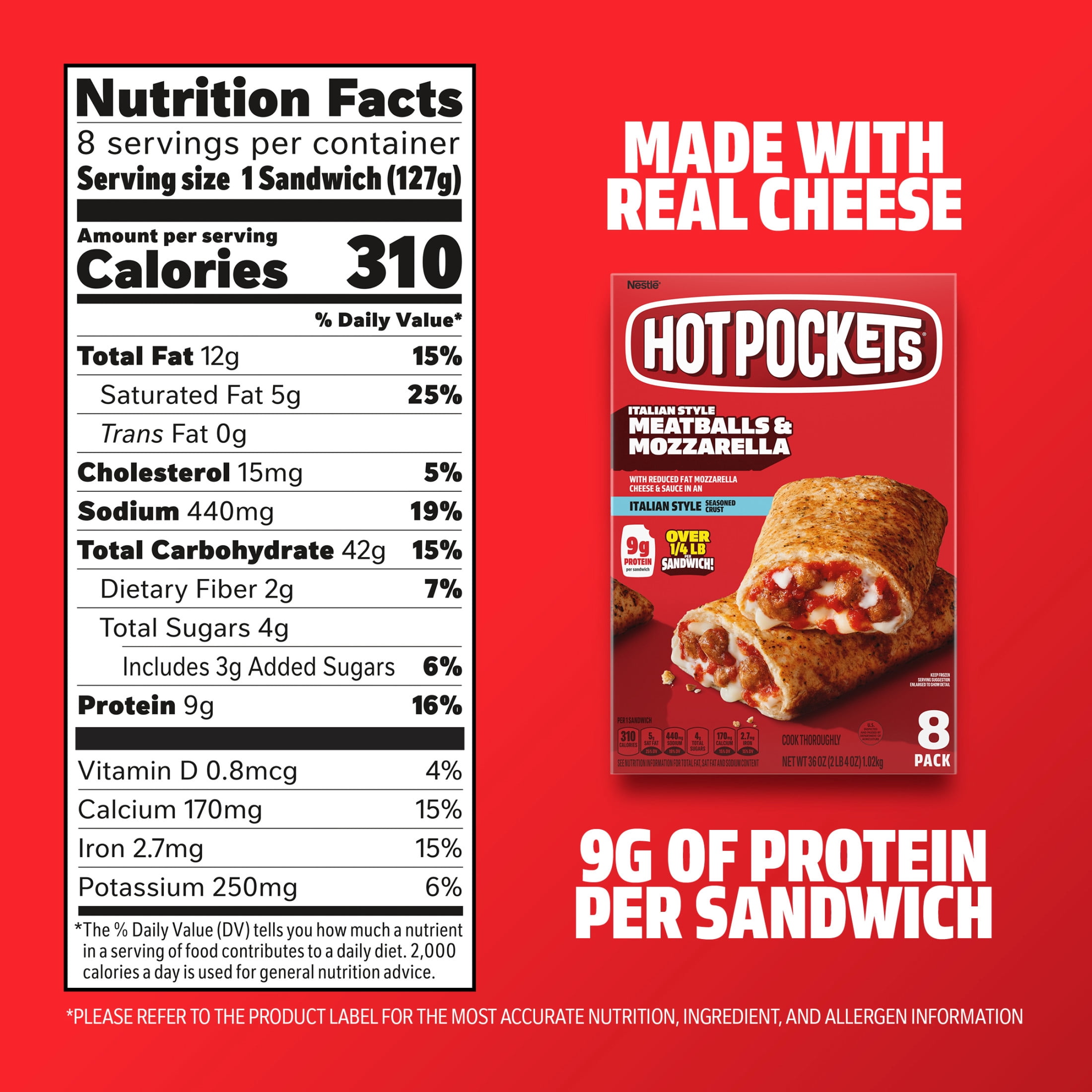 Hot Pockets Italian Style, Meatballs and Mozzarella Sandwich Snacks, 36 oz, 8 Pack (Frozen)