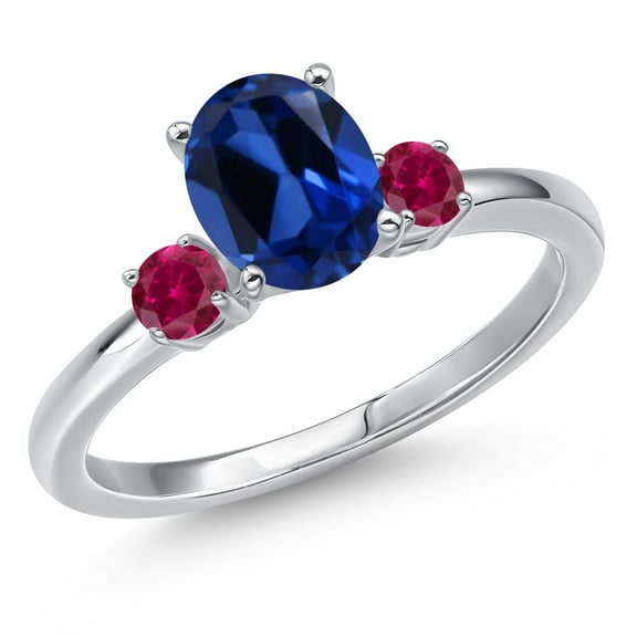 Gem Stone King 14K White Gold Blue Created Sapphire and Red Created Ruby Engagement Ring for Women | 1.88 Cttw | Oval 8X6MM | Gemstone September Birthstone | Size 7