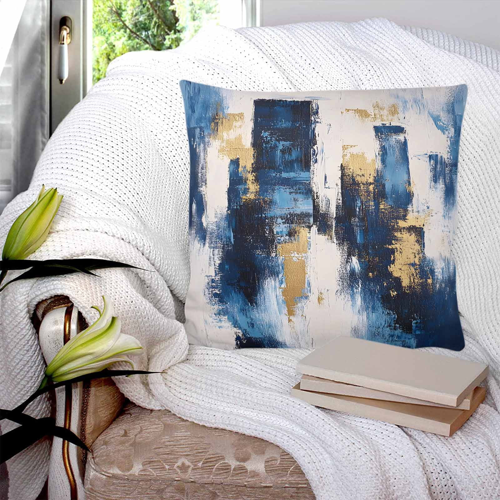 Pillow Covers 24x24 Set of 2, Rustic Blue Gold Throw Pillow Covers Decorative Couch Cushion Cover, Abstract Neutral Brush Strokes Artwork Microfiber Soft Square Pillowcases for Bedroom Sofa
