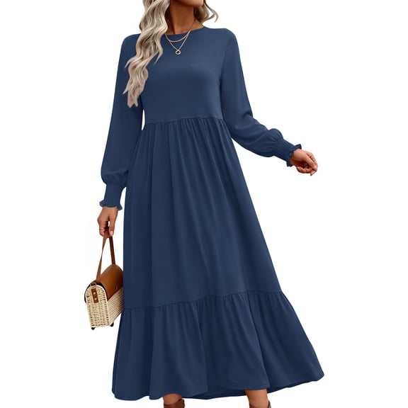 UVN Fall Long Dress for Women Crewneck Casual Long Sleeve Pleated Dresses with Pockets