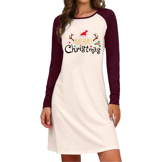 Innerwin Robe de Noël Manches Longues Robes de Vacances Imprimé Lettres Ligne A Rouge Vin TG
