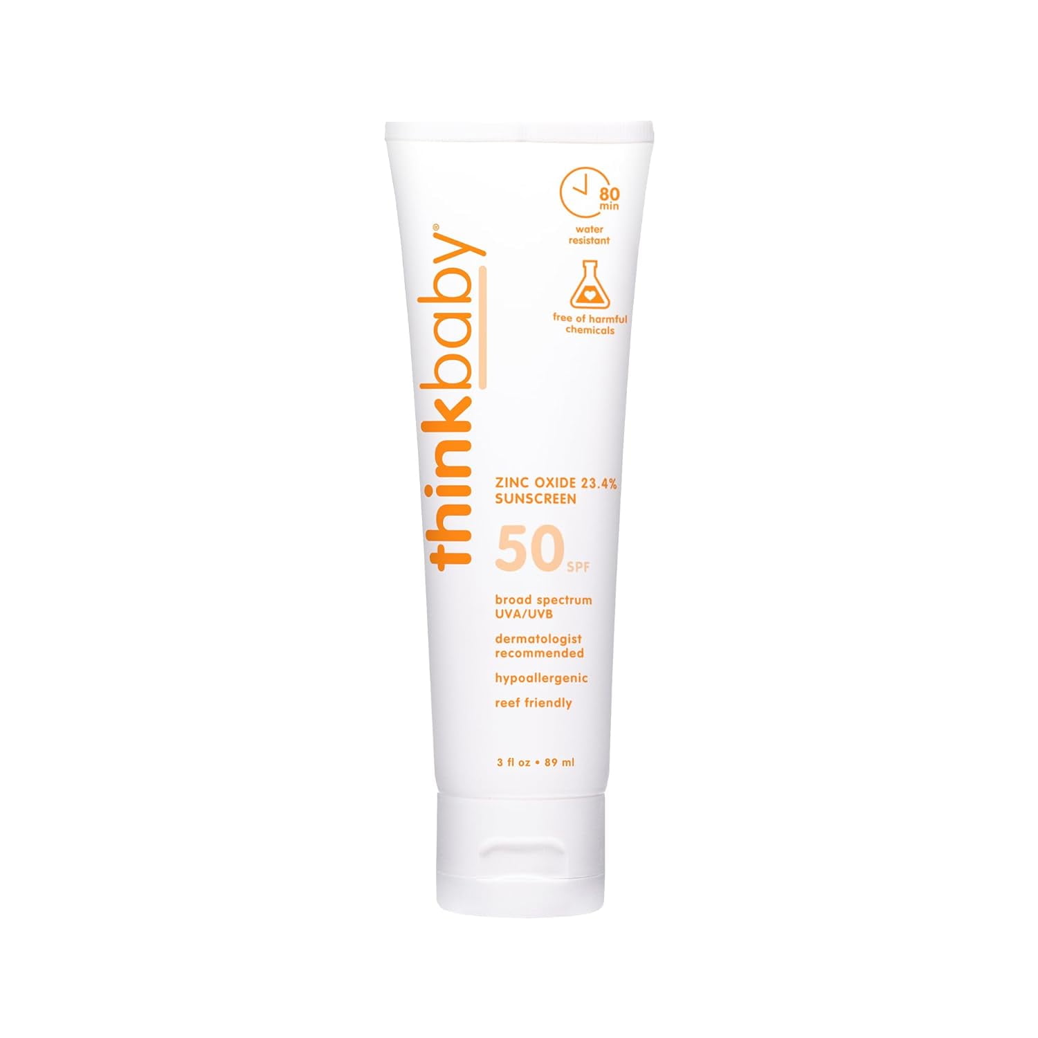 Thinkbaby SPF 50  Baby Mineral Sunscreen – Safe, Natural Sunblock for Babies - Water Resistant Sun Cream – Broad Spectrum UVA/UVB Sun Protection – Vegan Baby Sunscreen Lotion, 3 Oz.