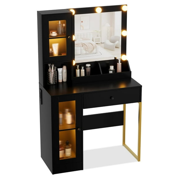 Makeup Vanity Desk with Mirror & LED Lights, 3 Color Modes, Charging Station, Drawers & Cabinets, Dressing Table for Bedroom