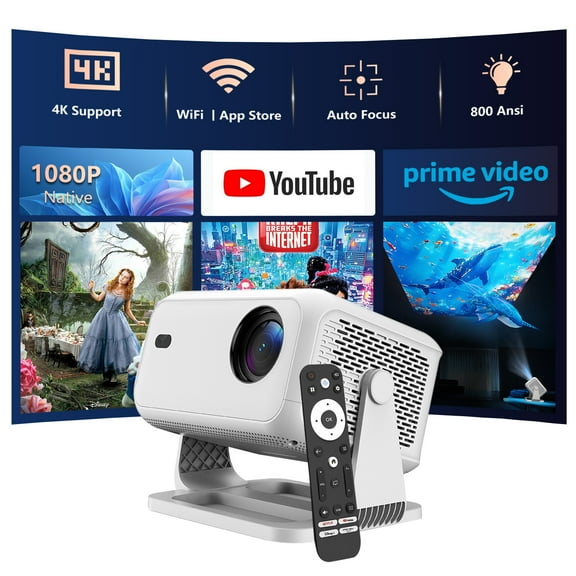 Smart Projector with WiFi and Bluetooth Support 4K, Auto Focus 800 ANSI 1080P Native Portable Outdoor Indoor Home Video Projectors - White