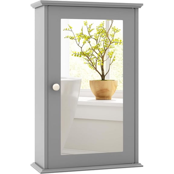 JIANYI Bathroom Medicine Cabinet w/Mirror, Wall Mounted Single Door Storage Cabinet & Adjustable Shelf, Reversible Door for Bath, Living Room, Hallway (Grey)