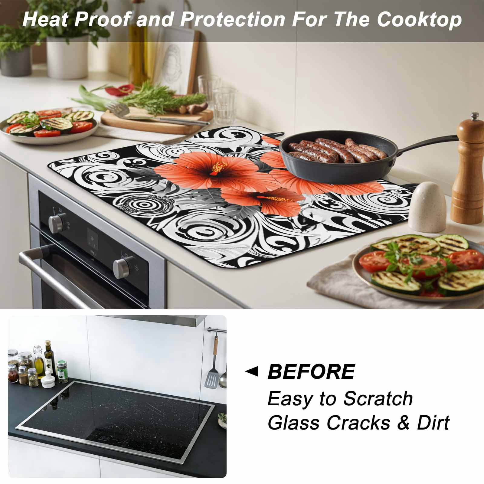 Red Black Spring Floral Stove Top Cover for Electric Stove, Heat-proof & Non Slip Glass Top Stove Cover Protector, Summer Botanical Geometric Kitchen Flat Cooktop Rubber Mat 24x21 Inches