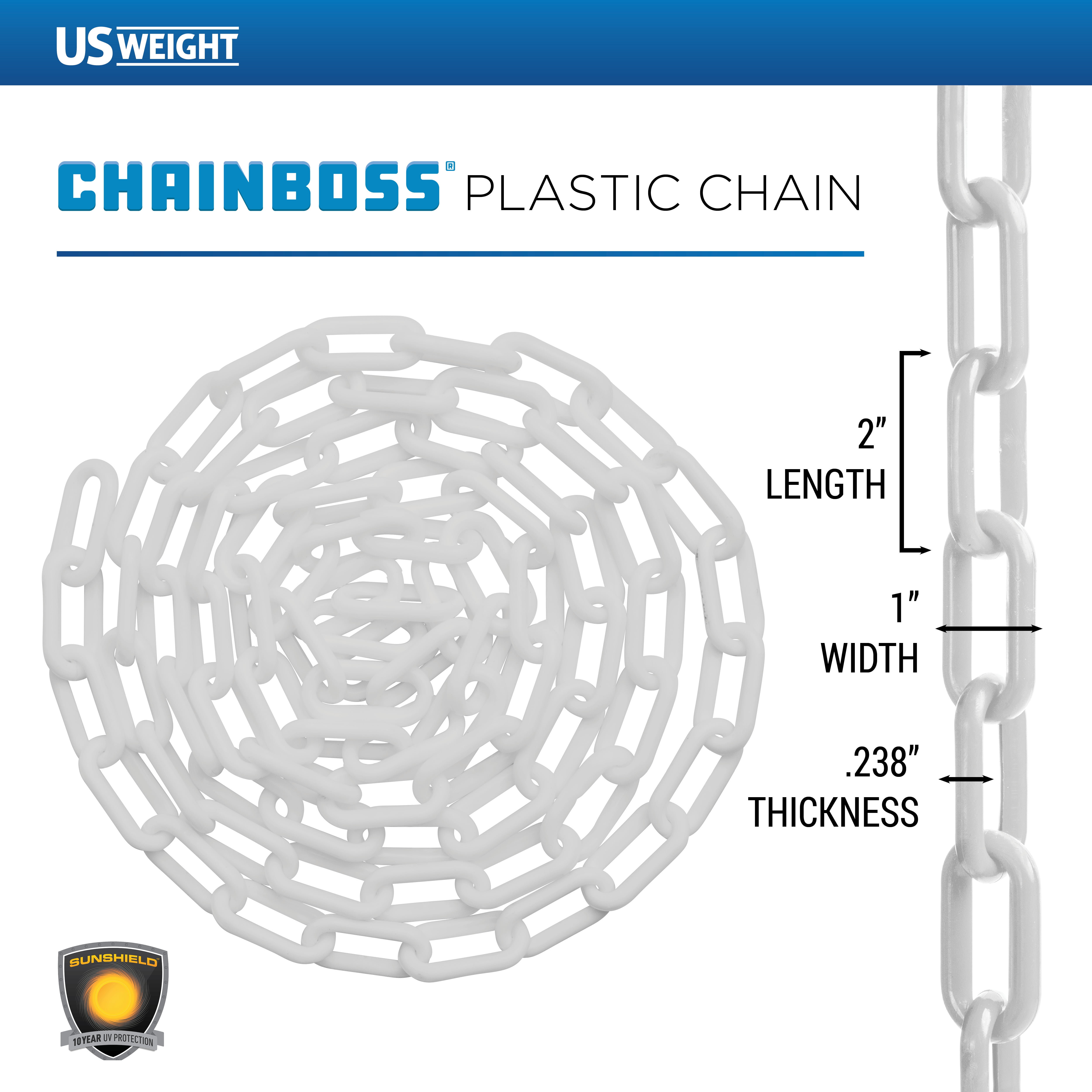 US Weight Chainboss 2" x 500' White Plastic Safety Chain with SunShield UV Resistant Technology