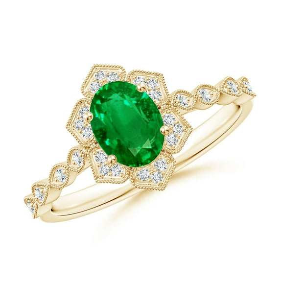 ANGARA Lab Grown Oval Emerald Trillium Floral Shank Ring for Women in 14K Yellow Gold (Size-7x5mm) | May Birthstone, Birthday, Anniversary, Jewelry Gift for Women | Lab-Grown Emerald Ring