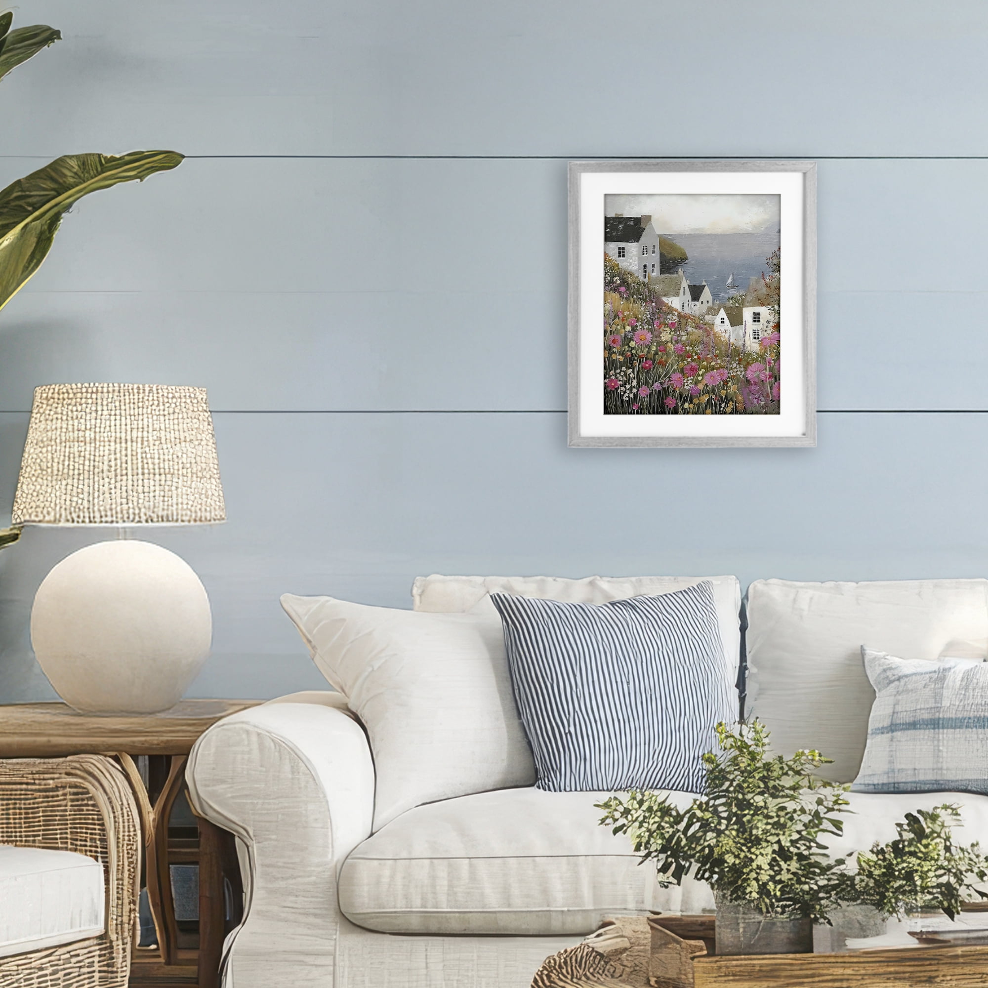 Stupell Industries Picturesque Village over Sea Gray Framed Print Under Glass, design by Riley B