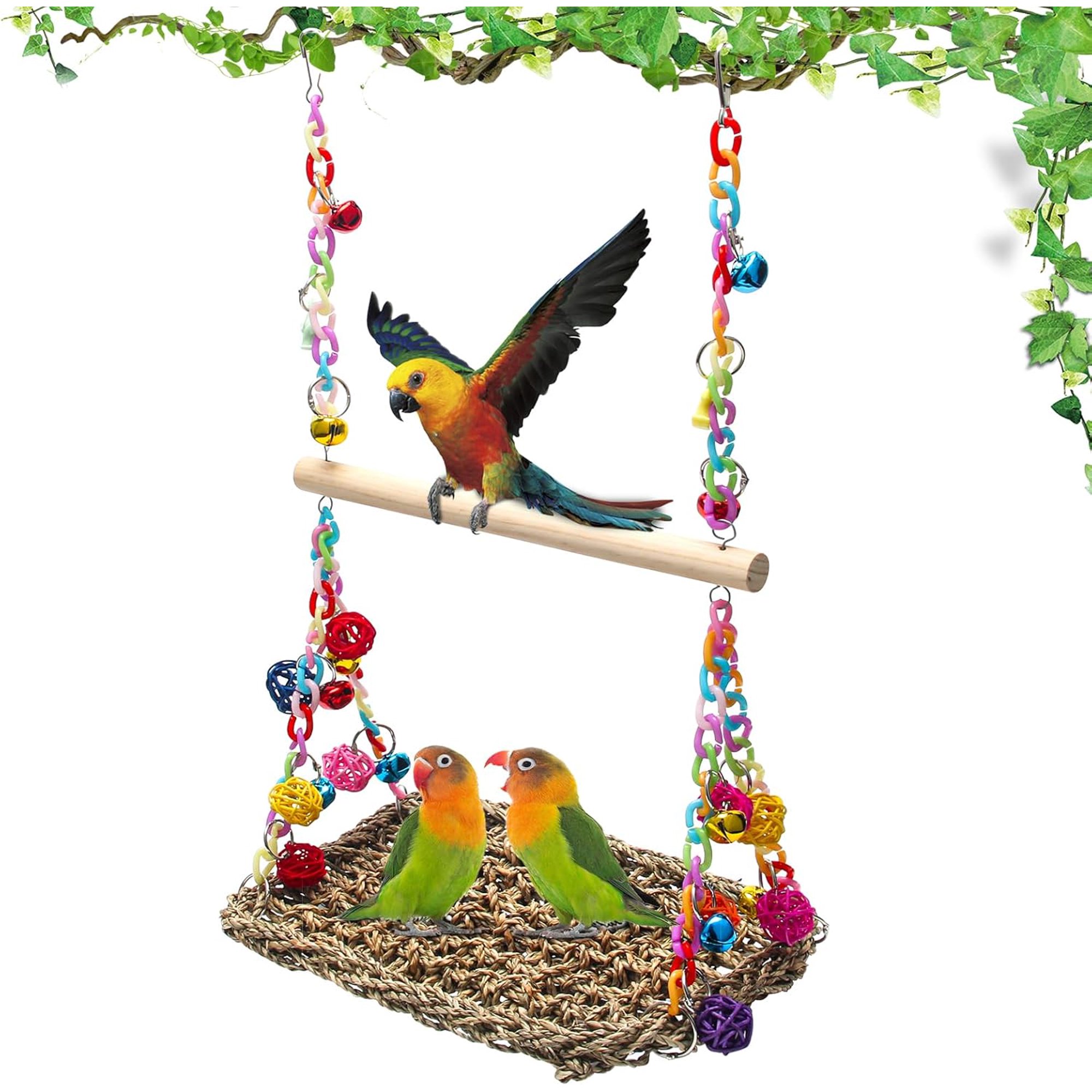 Bird Swing Mat with Wood Perch, Seagrass Bird Hammock for Conures with Chewing Toy for Parakeets, Budgie, Cockatiel Cage Accessories