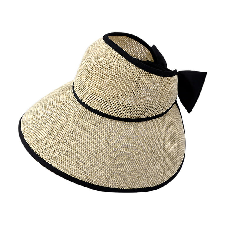 JNGSA Wide Trim Visor Hat for Women, Straw Beach Sun Hat Sun Visor Roll-up  Foldable Ponytail with Protection-Amia-Beige 
