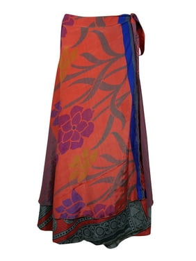 Mogul Women Red Gray Vintage Silk Sari Magic Wrap Skirt Reversible Printed 2 Layer Sarong Beach Wear Cover Up Long Skirts One Size