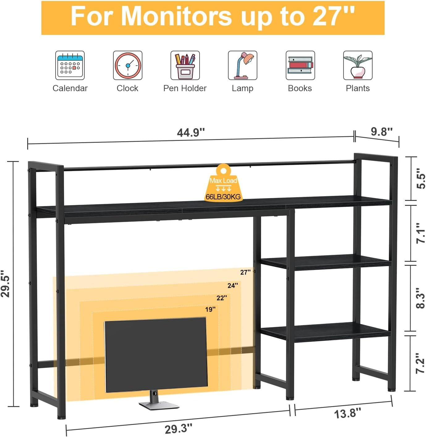 Desk Shelf, 44.9" Large Desktop Organizer Shelf, Desk Hutch for Monitor, 4 Tier Display Rack, Wooden Desktop Bookshelf Storage Rack for Home Office Dorm