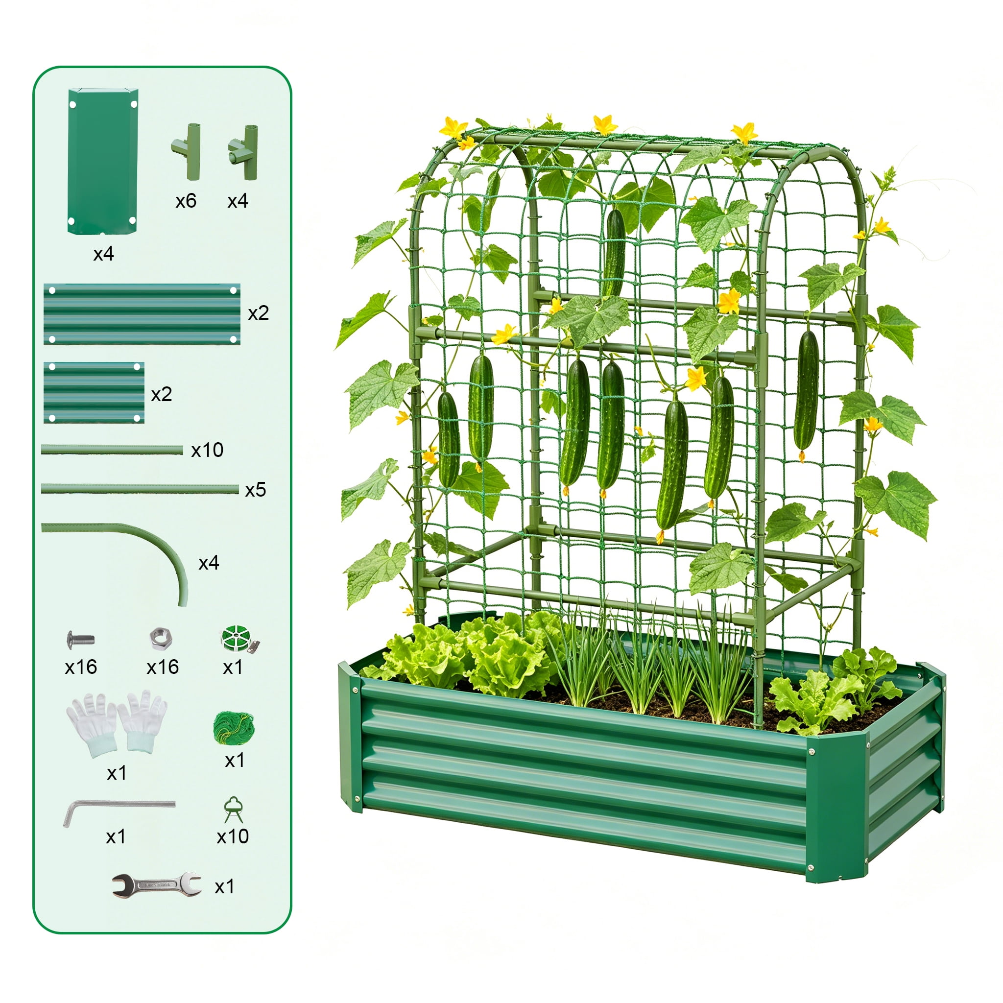 2-in-1 Galvanized Metal Raised Garden Bed with 59" Arch Trellis, 4×2×1 FT Outdoor Planter Box with Climbing Net for Vegetables Fruits Flowers