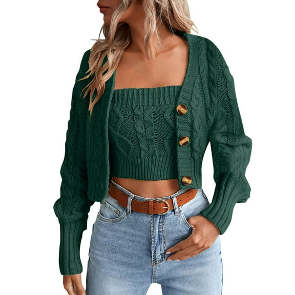 Women Loose Long Sleeve Knit Button Down Cardigan Sweaters 2 Pieces Sweatshirt Pullove Crop Top Sets