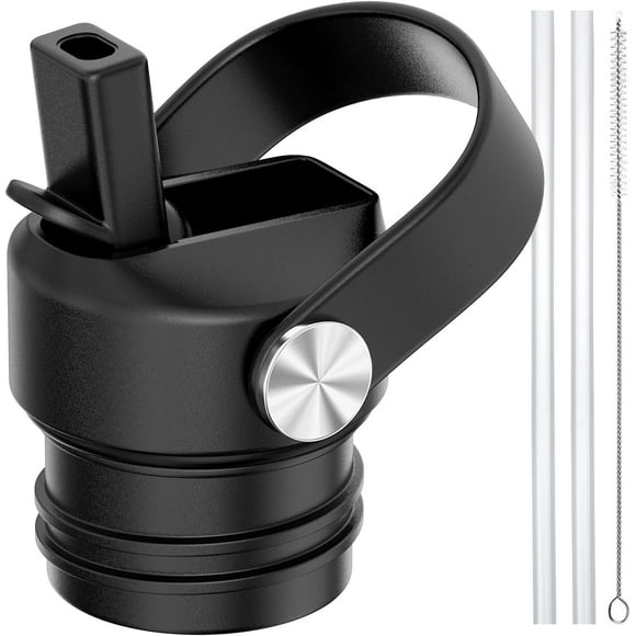 TRAHOO-Standard Mouth Straw Lid for Hydroflask 24 21 18 oz,Lid with Straws fit for Hydro Flask and Other Water Bottles Sports Cap Top Replacement Accessories (Black)