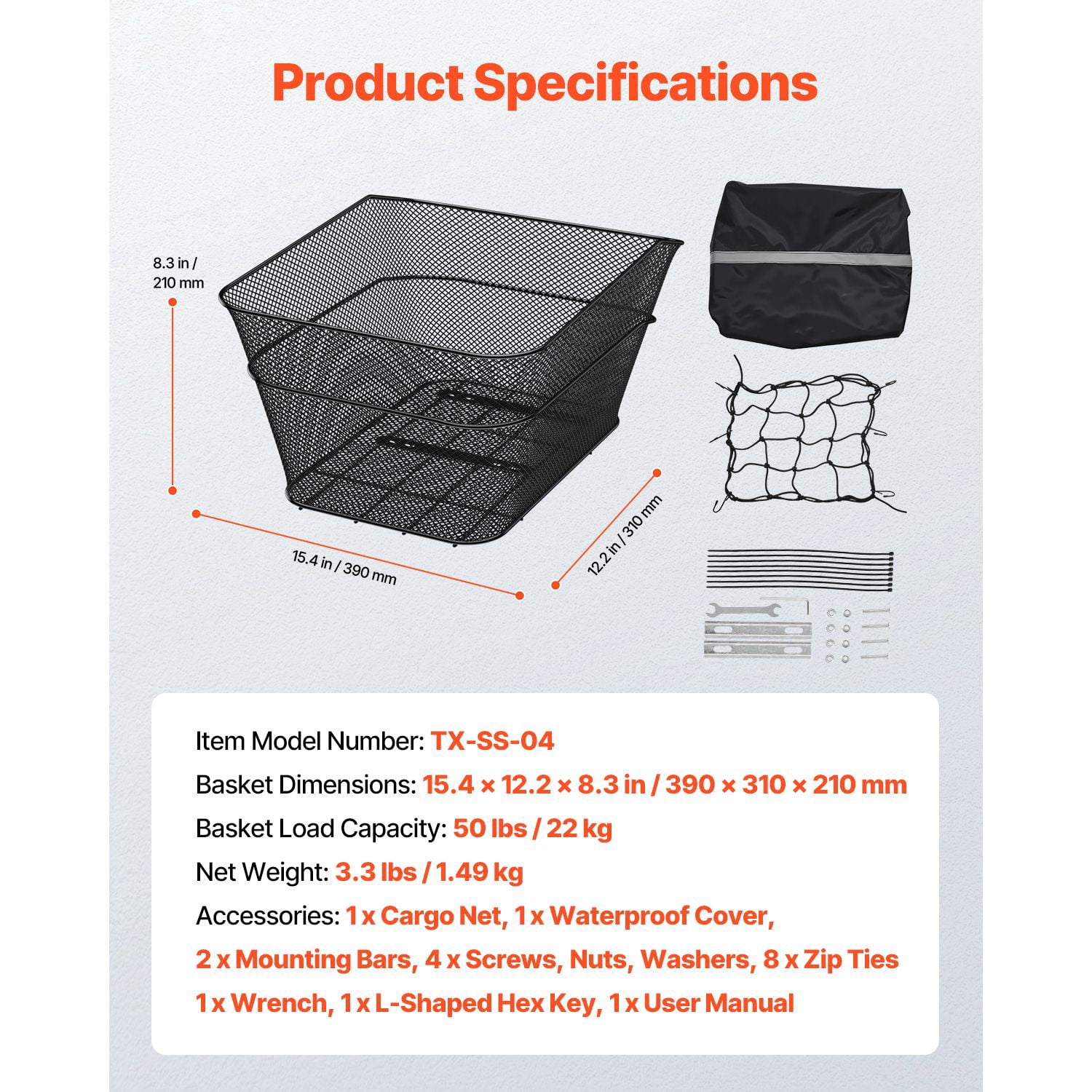 Rear Bike Basket, Wire Mesh Bicycle Basket with Cargo Net & Waterproof Cover, Durable Metal Bike Back Basket, Fits Most Rear Bike Racks, Mounting Tools Included