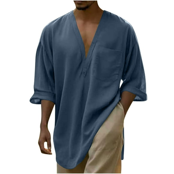 hotojiny Mens Linen Shirts Casual Cotton Linen 3/4 Sleeve Oversized T-Shirt Summer Lightweight Beach Yoga Tops with Pockets