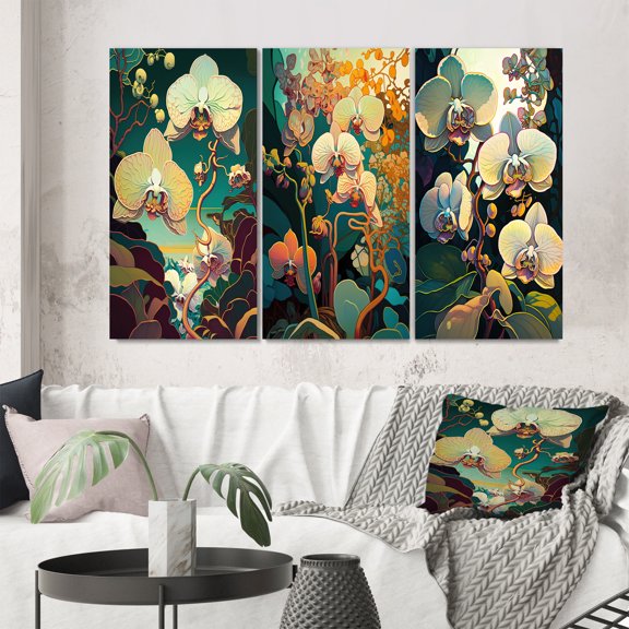 Designart "Bright Retro Orchid Vibrant Blossoms II" Floral Orchid Wall Art Set Of 3 - Traditional White Canvas Set For Living Room Decor