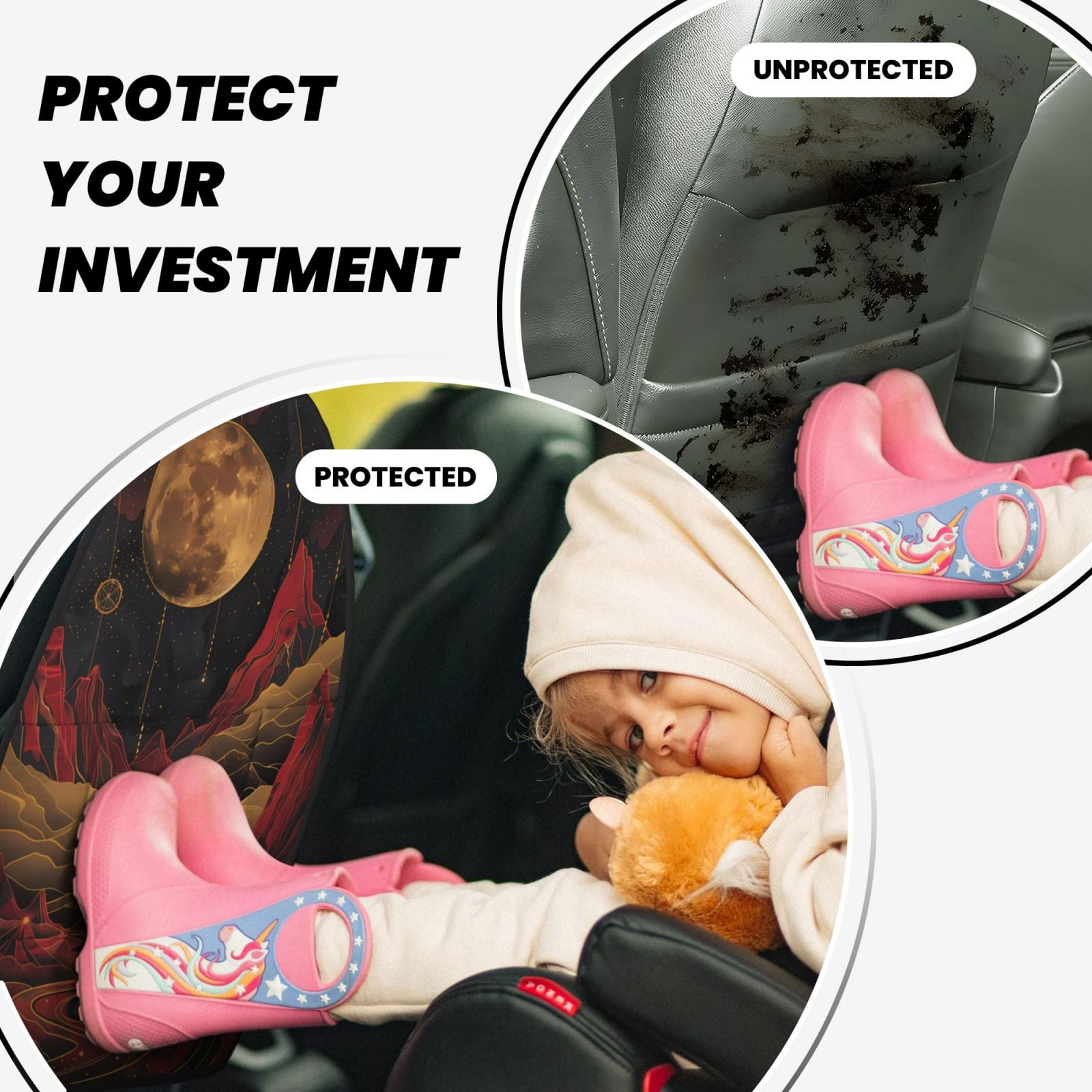 Kdxio Lunar Mountains Golden Rivers Print 2 Pack Car Kick Mat Seat Cover Back Protector Mat with Pockets for Organizer Backseat Protector and Storage Anti Kick Pad for Vehicles