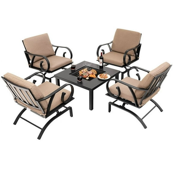 Aimee Lii 5 Pieces Patio Rocking Chairs Set, Outdoor Patio Furniture Set with 4-in-1 Fire Pit Table and Fire Poker