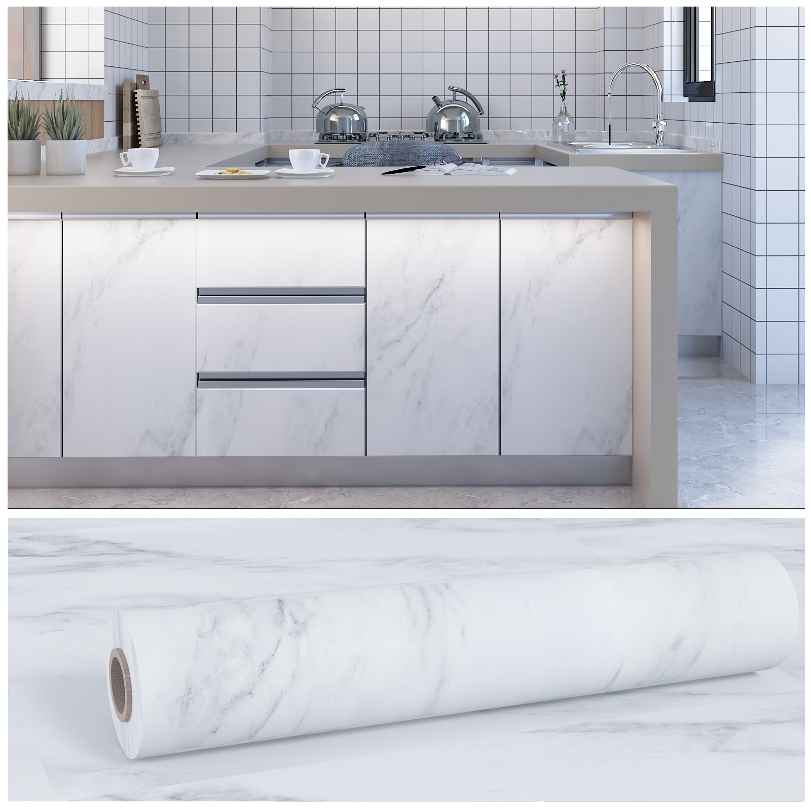 VEELIKE White Marble Contact Paper for Countertops Waterproof Grey Marble Wallpaper Peel and Stick Wallpaper for Kitchen Self Adhesive Paper Removable Wall Paper for Cabinets Walls 15.7"x354"
