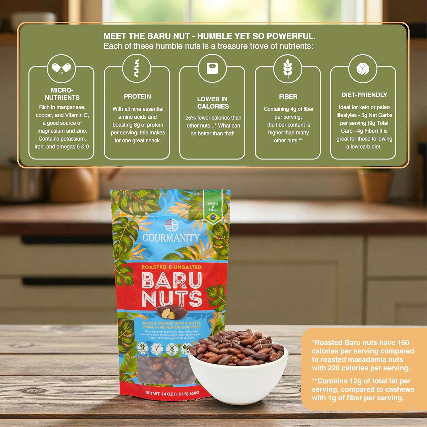 Gourmanity Brazilian Baru Nuts, Complex Nutty Flavor, High in Protein, Vitamin E and Omega 6 & 9, Roasted and Unsalted, 1.5 LB