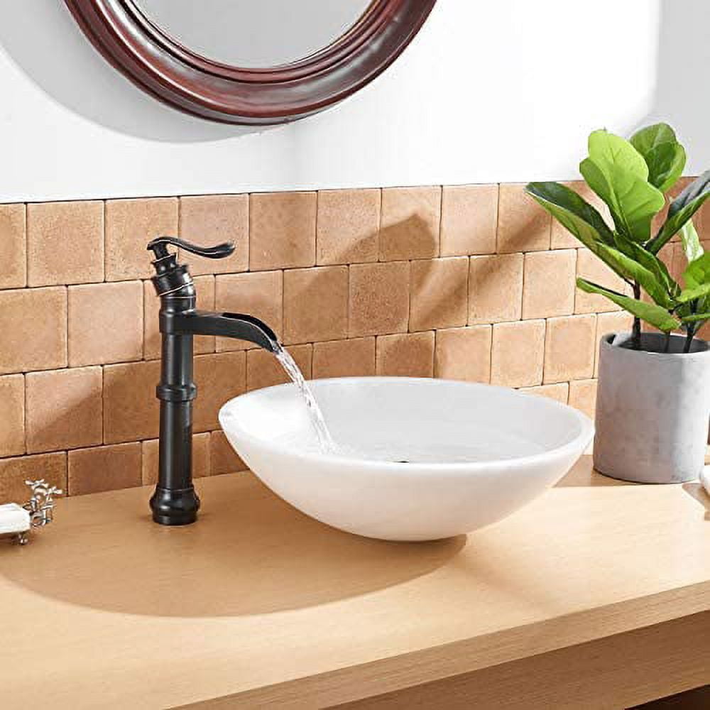 Oil Rubbed Bronze Vessel Sink Faucet Waterfall with Pop Up Drain Assembly and Single-Handle Hole Supply Hose Lead-Free Vanity Lavatory Bathroom Faucet Mixer Tap