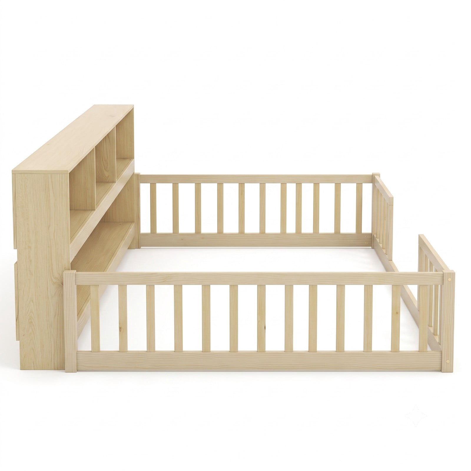 Furnibear Full Size Montessori Floor Bed Frame with Bookcase Headboard and Full Length Fence Rails, House Bed for Kids Bedroom, Natural