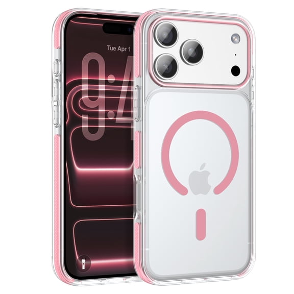 DUEDUE iPhone 17 Pro Max Case, Compatible with MagSafe, Clear Shockproof Protective Case with Colored Bumper, Anti-Yellowing Slim Transparent Phone Case for iPhone 17 Pro Max 6.9", Clear/Pink