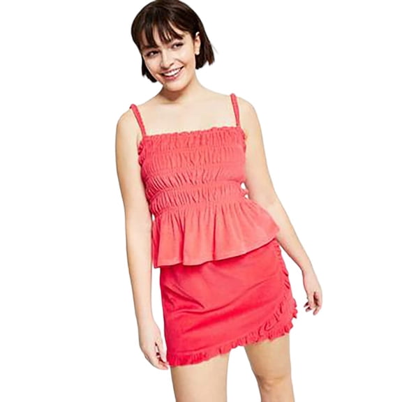 Bar III Womens Terry Ruffled Smocked Top Watermelon Punch L